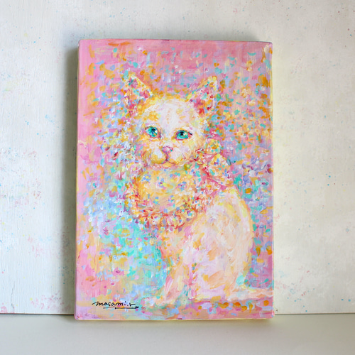 注目 額なし SMキャンバス 原画 白猫」アクリル画 絵画 de maison 絵画