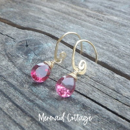 14Kgf* Swirl＆Pink Topaz Earrings* 宝石質ピンクトパーズの渦巻き 