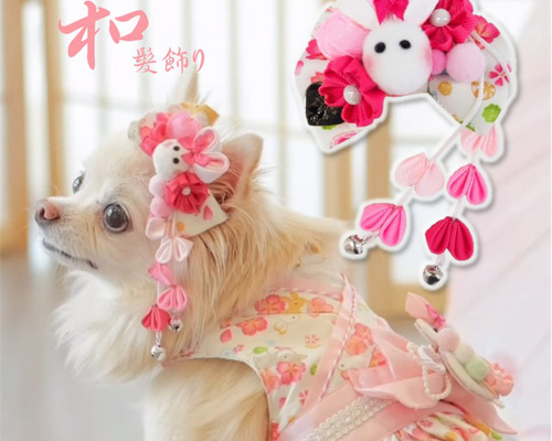 犬服ハンドメイド浴衣浴衣ワンピ髪どめ付き