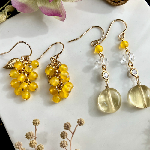 ミモザ】イエロー＆グリーンアンバー チェーンドロップ ピアス