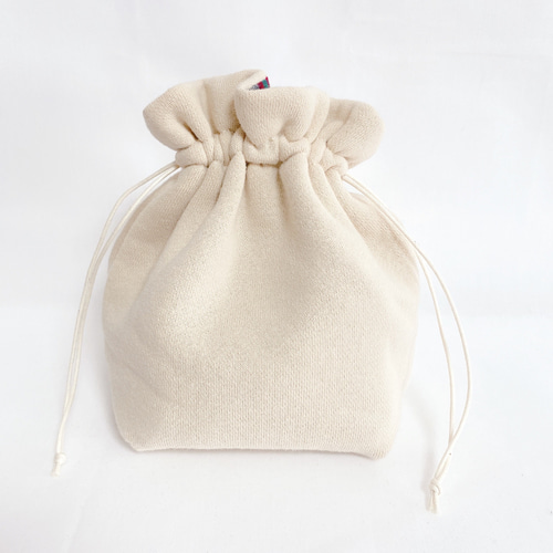 ヌビ生地♡刺繍巾着バック/生成り×合皮 りんご狩り ヌビ