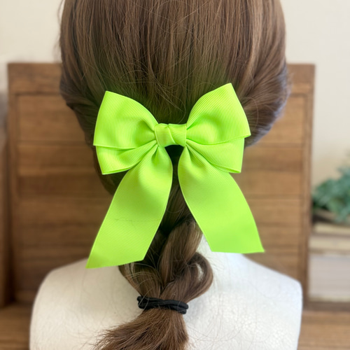 運動会】ビッグダブルリボン 蛍光黄緑 グリーン シンプル 大きめ