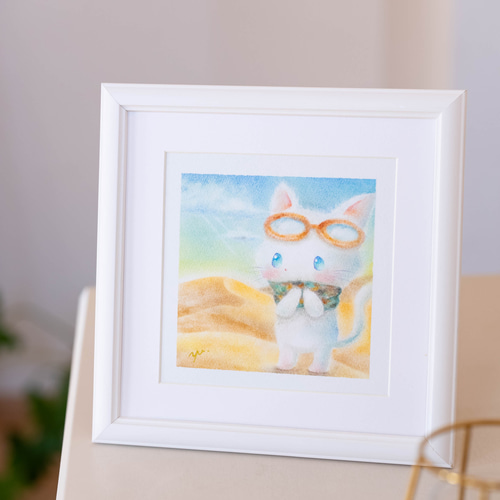 原画】「砂漠を旅する白猫ちゃん」 パステルアート かわいい動物 ネコ