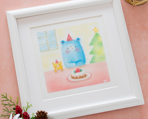 原画】「くまさんちのクリスマス」 パステルアート クマ 熊 冬