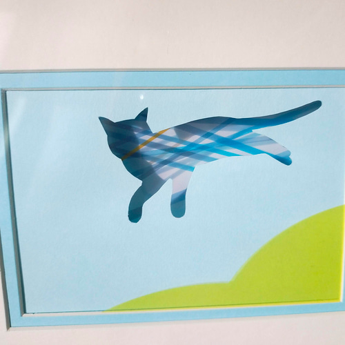 ネコ 透明紙の立体作品 猫 ボーダー ブルー 卓上 壁掛け 北欧