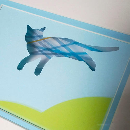 ネコ 透明紙の立体作品 猫 ボーダー ブルー 卓上 壁掛け 北欧