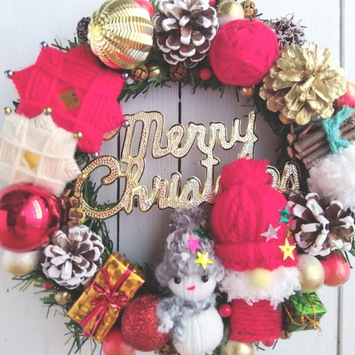 クリスマス 手作りサンタとスノーマンのクリスマスリース リース