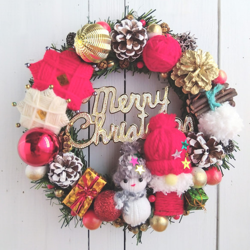 クリスマス 手作りサンタとスノーマンのクリスマスリース リース