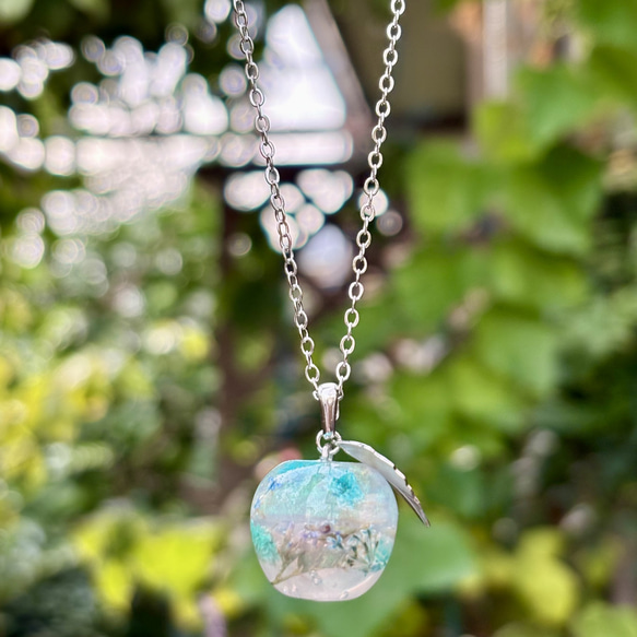 月の型　ドライフラワー　ネックレス　天然石 ドライフラワーの林檎ネックレス(ブルー) ネックレス・ペンダント