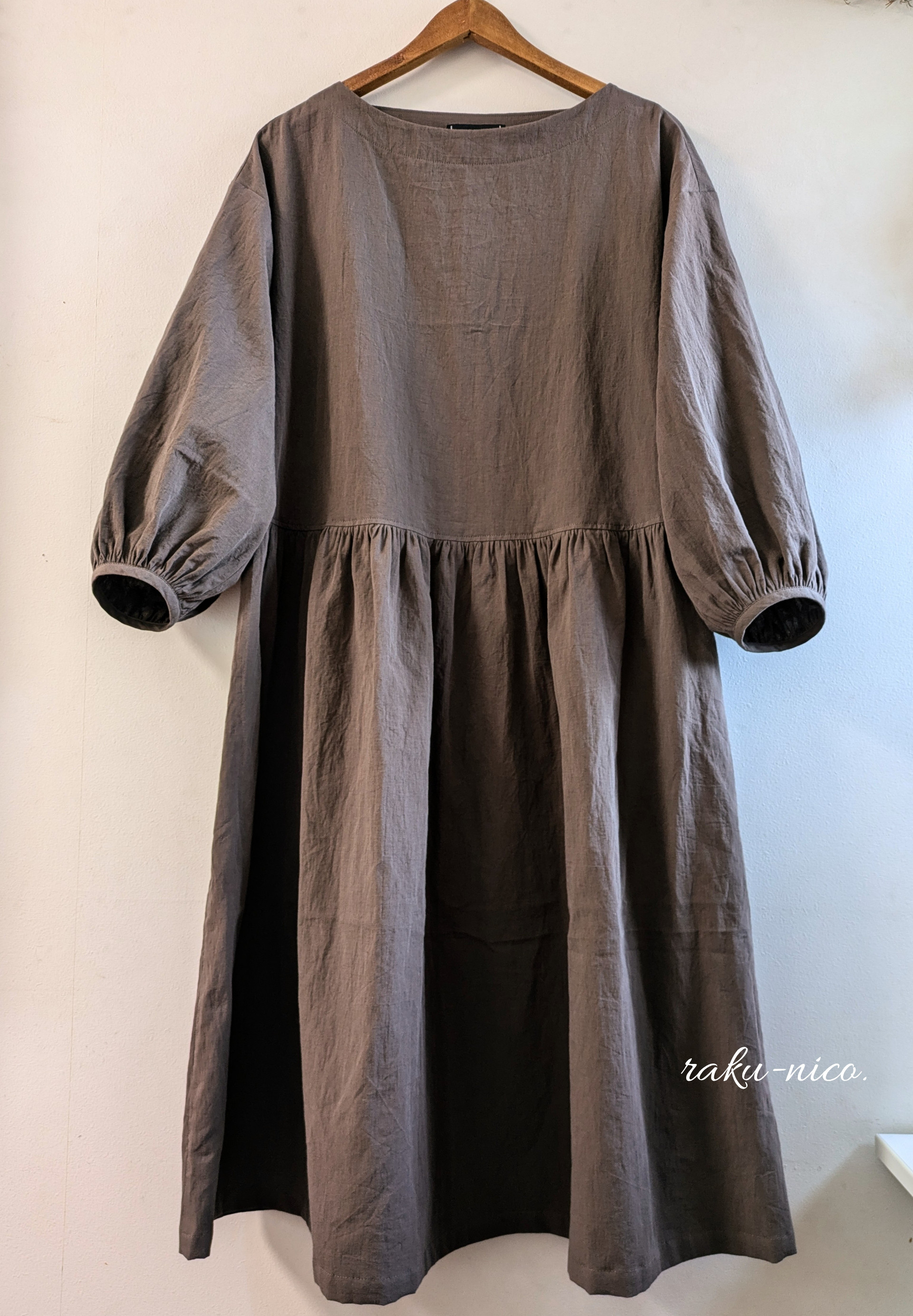 ☆受注制作☆バルーンスリーブワンピース＊ギャザー分量選べます＊コットンリネン/ブロード/ブラウン/ミルクココア