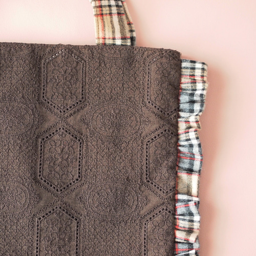 SALE ! コーデュロイレース×チェックフリルトート トートバッグ aco-mi