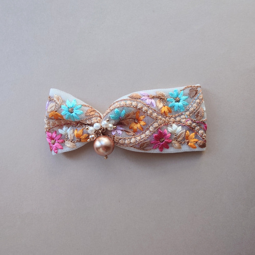 shirmps シュリンプス　ヘアリボン　ヘアバレッタ　ヘアアクセサリー ROJITA ヘアクリップ リングビジュ付きBIGリボンレースバレッタ