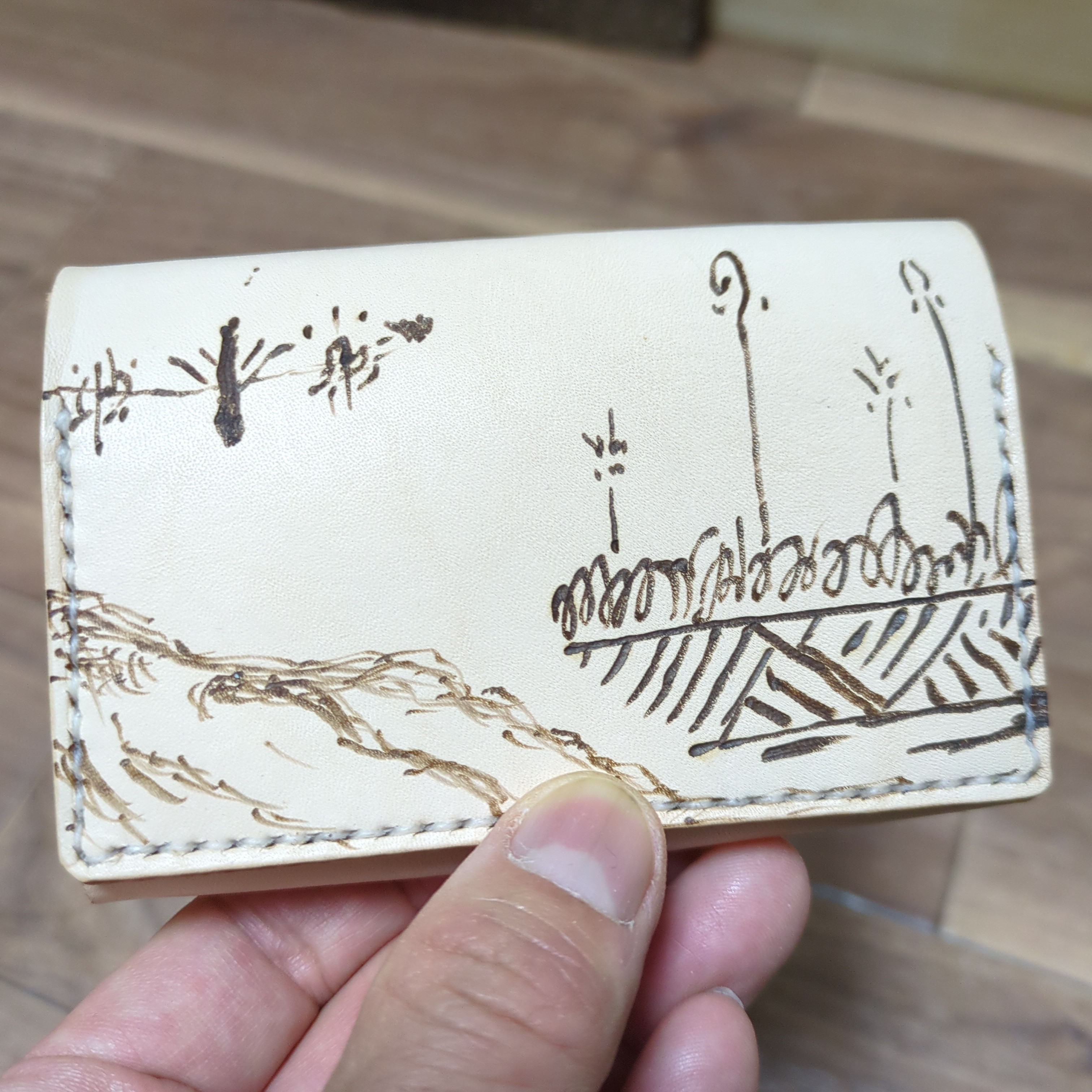 手描き　本革名刺入れ　カードケース