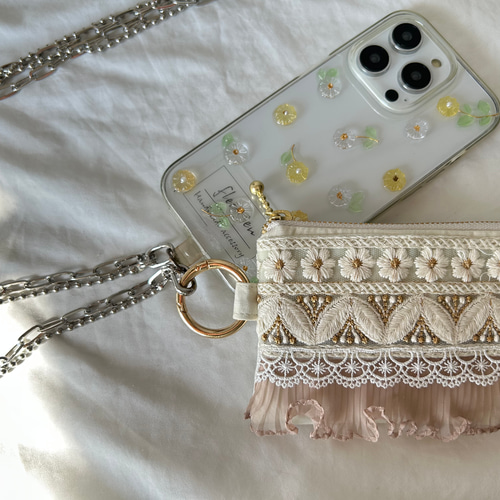 インド刺繍リボン 刺繍リボン ファスナーポーチ ポーチ カラビナ付き