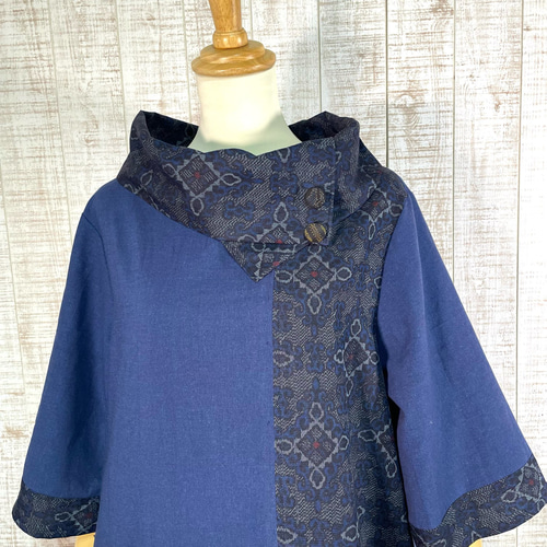 着物リメイク＊大島紬＆藍染めでオフタートル変わり襟ワンピース