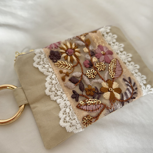 萩原様 インド刺繍 ボックスポーチ ハンドメイド インド刺繍生地プリントキルトボックスポーチ - ショップ 