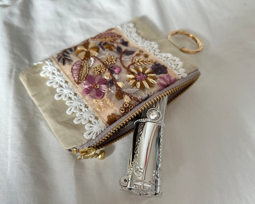 インド刺繍リボン 刺繍リボン ファスナーポーチ ポーチ カラビナ付き