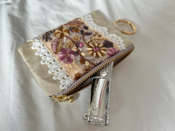 インド刺繍リボン 刺繍リボン ファスナーポーチ ポーチ カラビナ付き