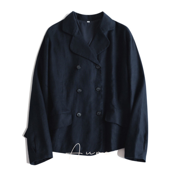 涼やか リネン ノーカラージャケット Gジャン ネイビー ブルー