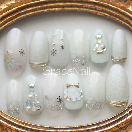 No.041】ネイルチップ♡クリスマスネイル♡スノーボール♡オフホワイト