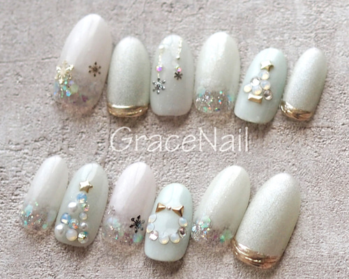 現品販売！ネイルチップ No.1126 クリスマス雪の結晶 ネイルチップ