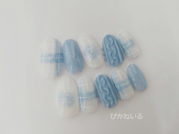 冬デザイン♪くすみブルーのチェック柄,雪結晶,ニットネイルチップ