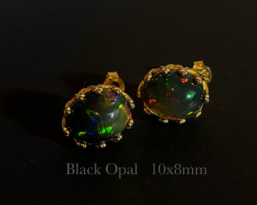 送料無料】 天然石 ブラックオパール イエローゴールド ピアス