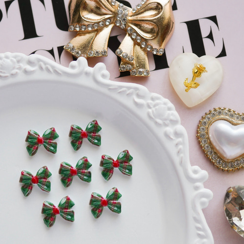 チェック柄プリントリボンミニパーツ/ネイルパーツ/8個 デコパーツ