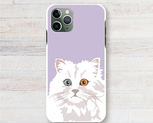 オッドアイ ロングヘア 白猫 スマホケース 樹脂 スマホカバー けいたい