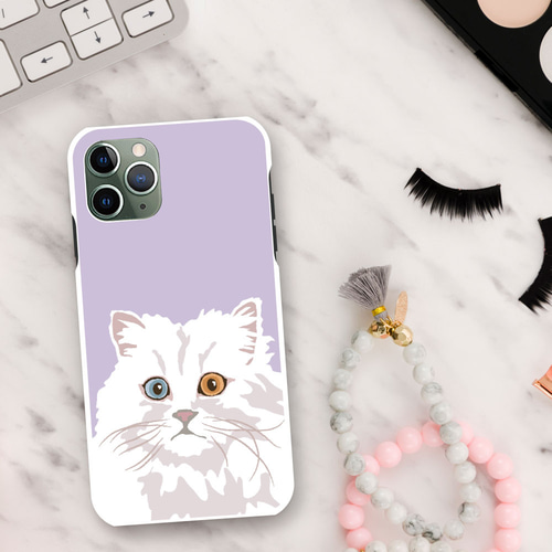 オッドアイ ロングヘア 白猫 スマホケース 樹脂 スマホカバー けいたい