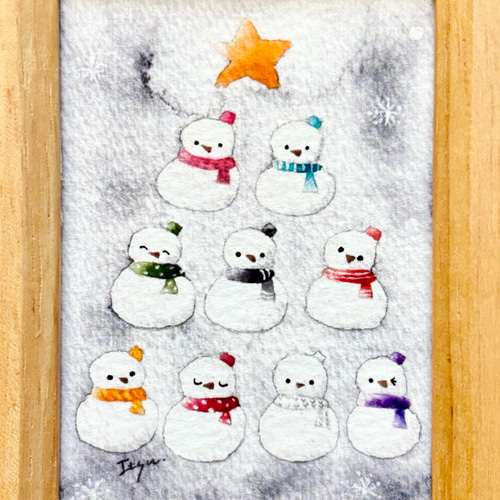 透明水彩画 ミニ額「スノーマンツリー」北欧イラスト 北欧インテリア