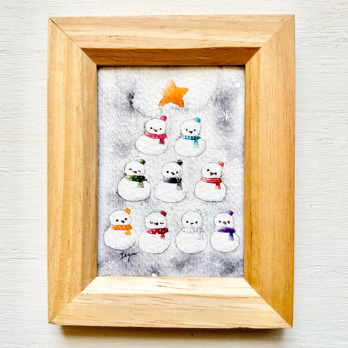 透明水彩画 ミニ額「スノーマンツリー」北欧イラスト 北欧インテリア