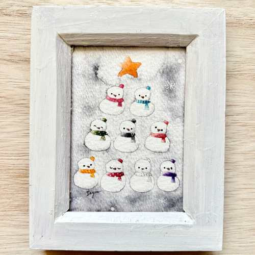 水彩画「クリスマス人形」 透明水彩画 ミニ額「モノトーンクリスマス