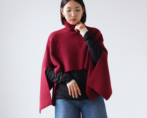 45R ボーダーハイネックポンチョ 45R ボーダーハイネックポンチョ ハイネックショート丈ニット