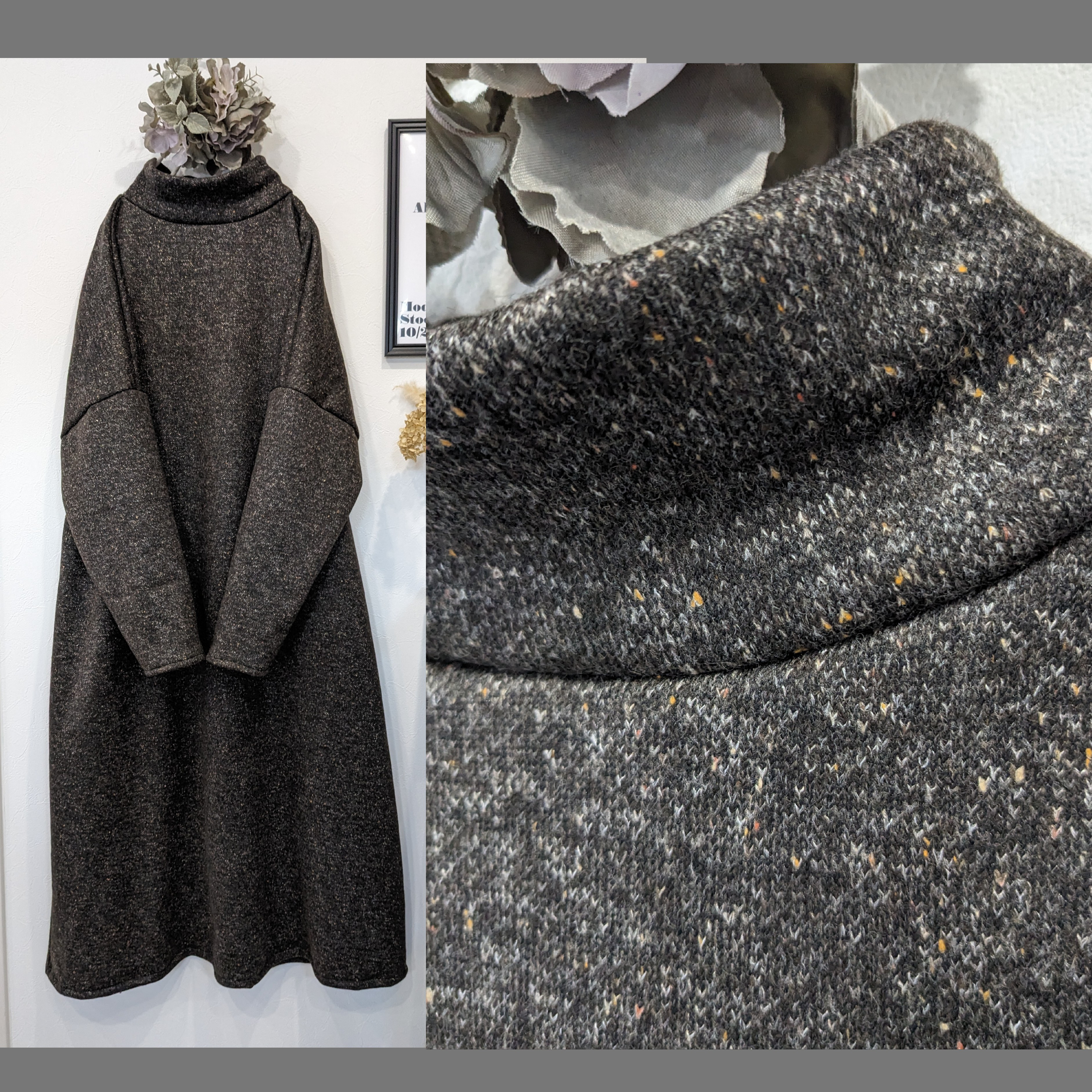 ♥イタリア製高級ウールジャスネップツイードニット♥ハイネックワンピース♥チョコ 5,840円