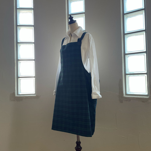 M 綿100％ チェック ブラックウォッチ エプロン ワンピース 仕事