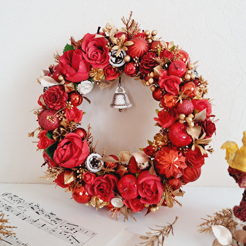 受注制作】クリスマスリース～楽しい聖夜の赤いリース～ 玄関リース