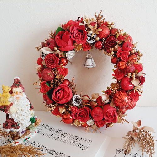 受注制作】クリスマスリース～楽しい聖夜の赤いリース～ 玄関リース