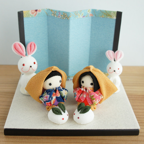 つまみ細工 ちりめん 雪ん子 雪うさぎ うさぎ 飾り 屏風 木製黒台 