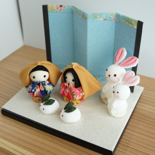 つまみ細工 ちりめん 雪ん子 雪うさぎ うさぎ 飾り 屏風 木製黒