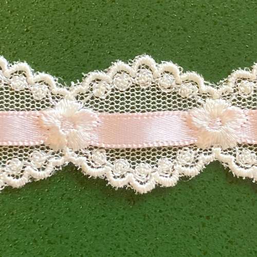 白チュールレースピンクリボン ＠50cm/￥ #N-1875 レース Madame