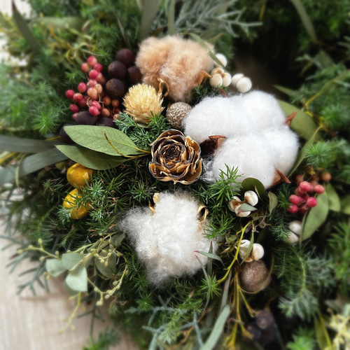 針葉樹とコットンフラワーのXmasリース リース flower32n 通販