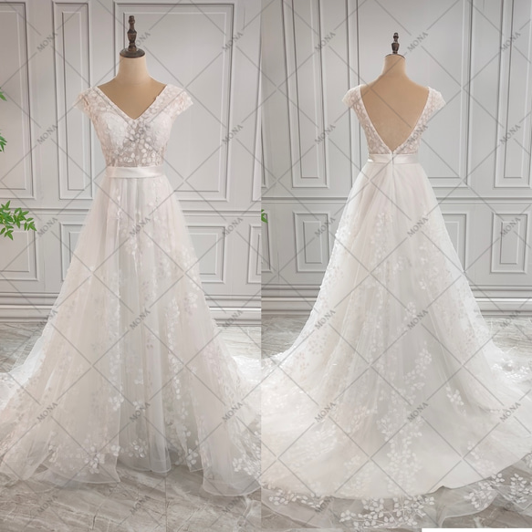 Vネック背中見えウェディングドレス結婚式 ウェディングドレス リーフ刺繍 Vネック 背中見せ プリンセス