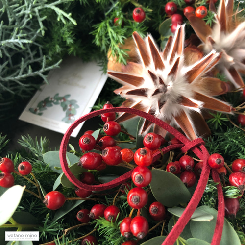 香り豊かなコニファーと赤い実のリース M25-27 /フレッシュグリーン