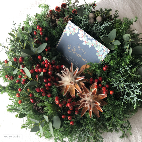 カウベルの優しい音色　コニファーと赤い実のドライフラワークリスマスリース カウベルの優しい音色 薔薇の実のクリスマスリース ドライフラワー