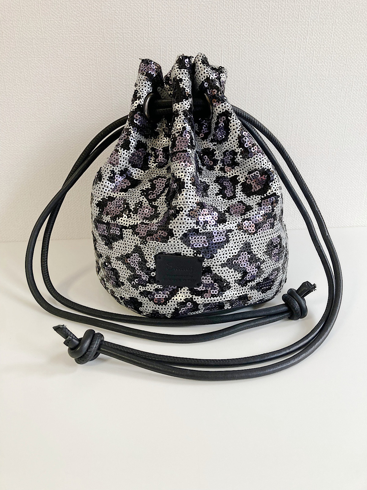 【Swaraj】レオパード柄スパンコールレザーコンボ巾着BAG /LEOPARD X SLV