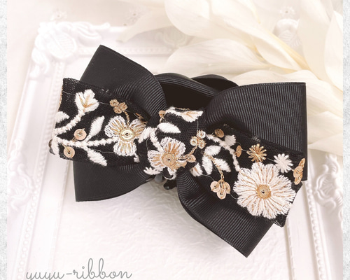 大人可愛いリボン半月アーチバナナクリップ☆インド刺繍リボン×スエード調リボン 大人可愛いリボン半月アーチバナナクリップ☆インド刺繍リボン