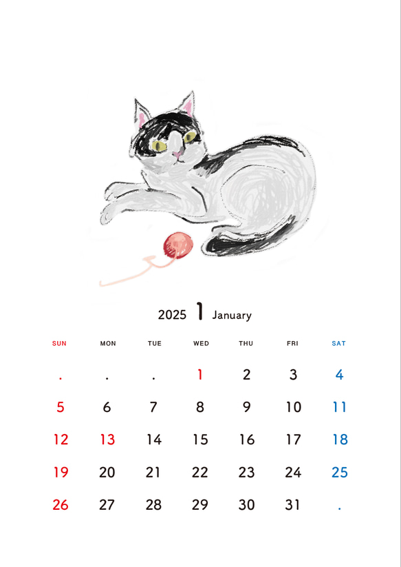 猫は見ているカレンダー2025 壁掛けカレンダー A4サイズ 猫型クリップ付 6枚目の画像