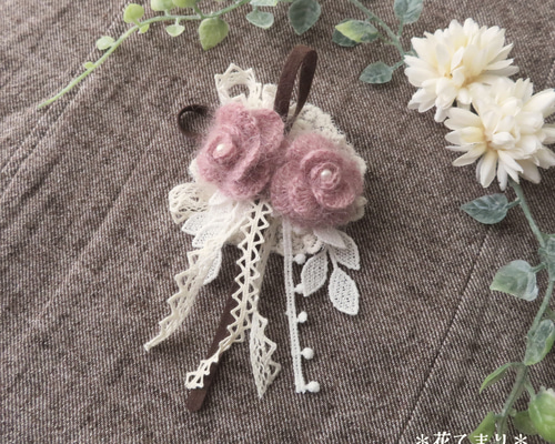 モヘアの薔薇とレースのブローチ＊コサージュ＊アンティークピンク