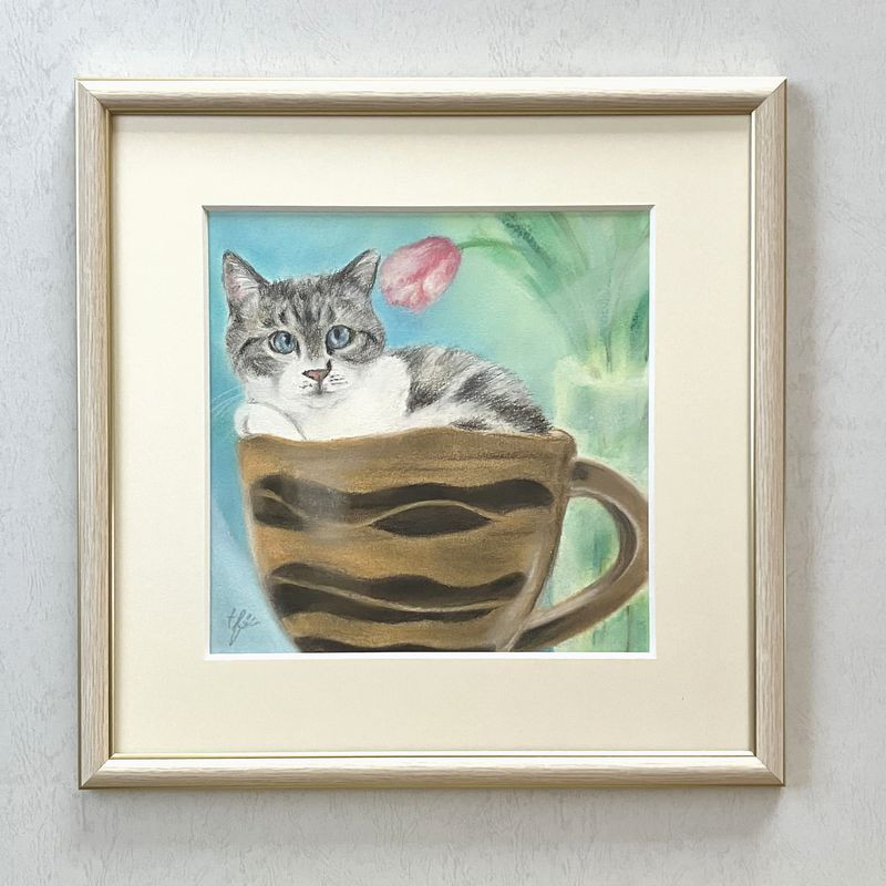 Cat in a Cup （パステル画 原画） 絵画 にゃんずら 通販